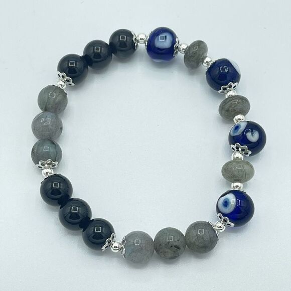 Crystal beaded stretch bracelet ONE NEW evil eye silver obsidian labradorite rei - Picture 4 of 12